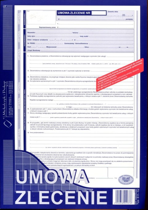 Druk samokopiujący A4 Umowa zlecenie z rachunkiem A4 40k. Michalczyk i Prokop (511-1U)