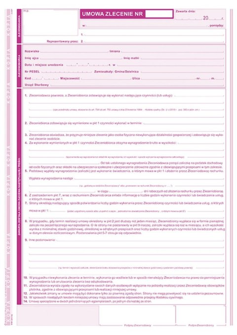 Druk samokopiujący A4 Umowa zlecenie z rachunkiem A4 40k. Michalczyk i Prokop (511-1U)