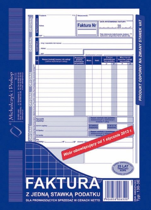 Druk offsetowy A5 Faktura VAT pion A5 (z jedną stawką podatku) 80k. Michalczyk i Prokop (130-3E)