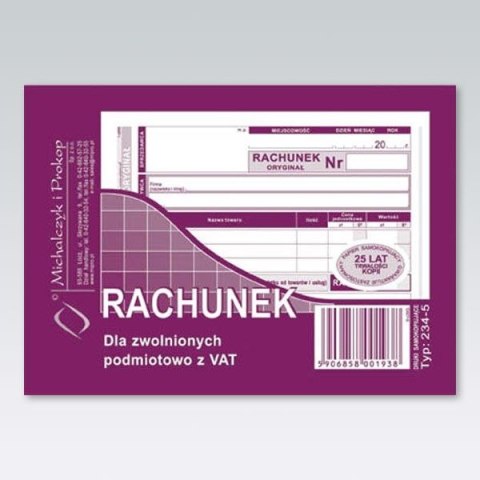 Druk offsetowy A6 Rachunek uproszczony dla zwolnionych z VAT A6 80k. Michalczyk i Prokop (234-5)