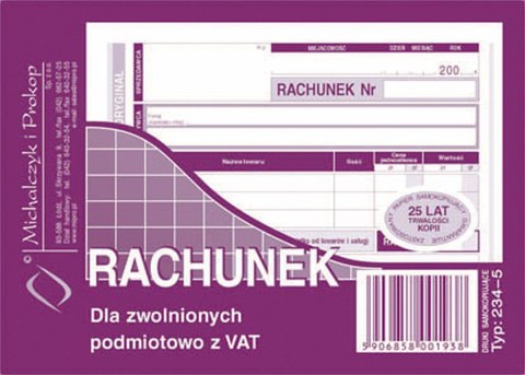 Druk offsetowy A6 Rachunek uproszczony dla zwolnionych z VAT A6 80k. Michalczyk i Prokop (234-5)