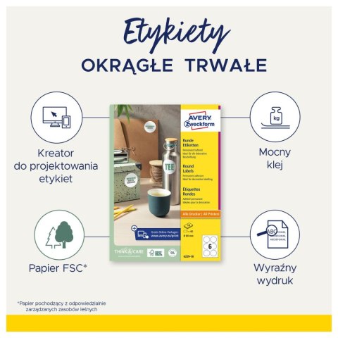 Etykieta samoprzylepna A4 okrągła L3415-100 Avery Zweckform okrągła 40mm 2400 etykiet biała [mm:] 210x297 Zweckform