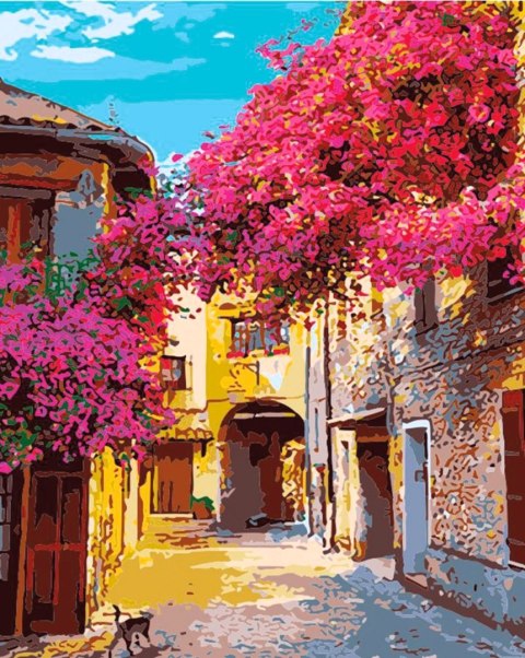 Zestaw kreatywny Malowanie po numerach 40x50cm Uliczka z kwitnącymi drzewami Flamingo Line (fys055)