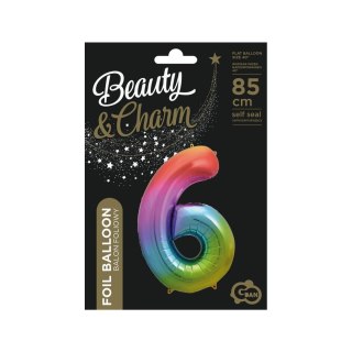 Balon foliowy cyfra 6 tęczowy 85cm 40cal Godan (HS-C34T6)