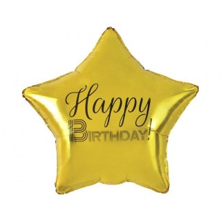 Balon foliowy Happy Birthday, gwiazda złota, nadruk czarny 19cal Godan (FG-GHBC)