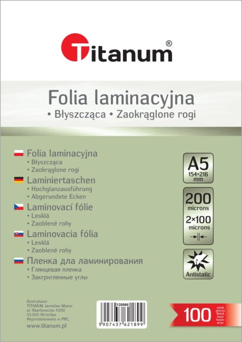 Folia do laminowania A5 przezroczysty 100mic. [mm:] 154x216 Titanum