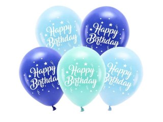 Balon gumowy Eco 26 cm, Happy Birthday, niebieski niebieski 260mm Partydeco (ECO26P-201-001-5)