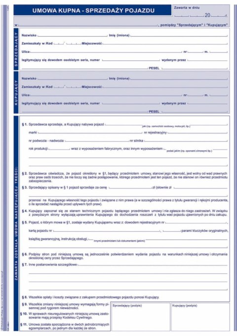 Druk samokopiujący A4 Umowa kupna-sprzedaży pojazdu 40k. Michalczyk i Prokop (650-1)