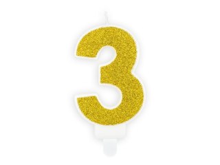 Świeczka urodzinowa cyferka 3 złoty brokat 7cm Partydeco (SCU3-3-019B)