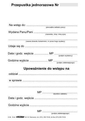 Druk samokopiujący A6 przepustka wstępu jednorazowa 100k. Stolgraf (K96)