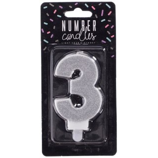 Świeczka urodzinowa cyferka 3 srebrny 7 cm 7cm Partydeco (SCU3-3-0188)
