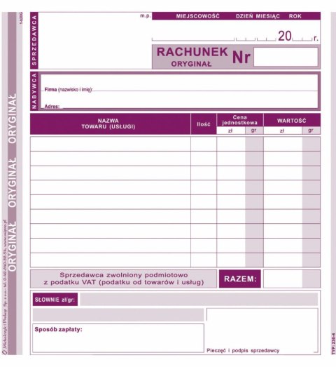 Druk offsetowy 2/3 A5 Rachunek dla zwolnionych podmiotowo z VAT 80k. Michalczyk i Prokop (230-4)