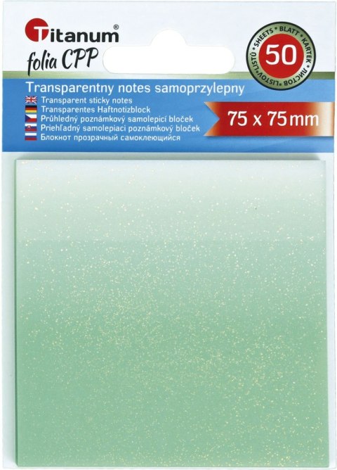Notes samoprzylepny (karteczki) transparentne, z polipropylenu 75x75 biało- zielony 50k [mm:] 75x75 Titanum