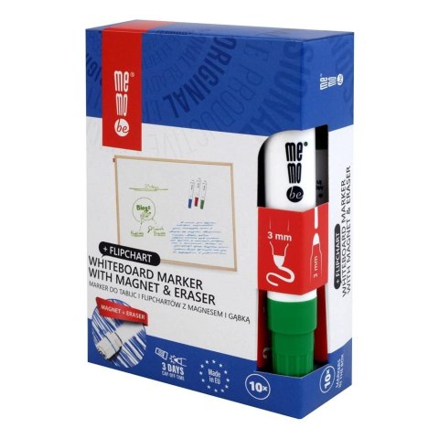 Marker suchościeralny z gąbką i magnesem zielony wkład zielony 1-3mm okrągła końcówka Memobe (MM351-04)