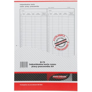 Druk offsetowy A4 indywidualna karta czasu pracy pracownika Stolgraf (K74)