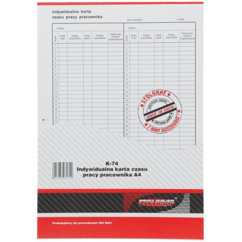 Druk offsetowy A4 indywidualna karta czasu pracy pracownika Stolgraf (K74)