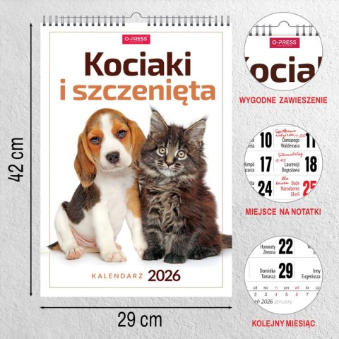 Kalendarz ścienny 16 stron wieloplanszowy A3 Press (kociaki i szczeniaki)