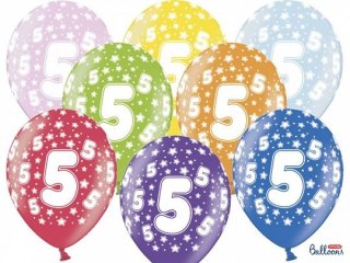 Balon gumowy gumowy 5 urodziny, mix kolorów 30 cm/6 sztuk mix 300mm Partydeco (SB14M-005-000-6)