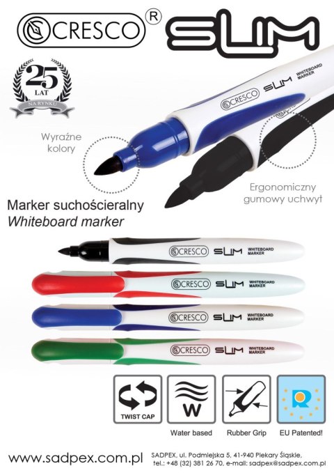 Marker suchościeralny Slim wkład 4 kolory 1,0-2,0mm okrągła końcówka Cresco (270040)