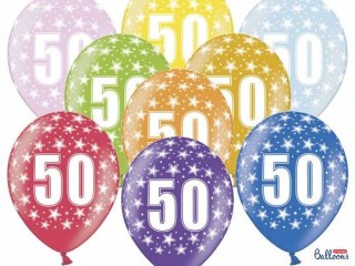 Balon gumowy gumowy 50 urodziny, mix kolorów 30 cm/6 sztuk mix 300mm Partydeco (SB14M-050-000-6)