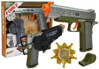 Zestaw policyjny Pistolet 20cm Odznaka Gwizdek Kabura Efekty Świetlne Dźwięk Lean (7869)