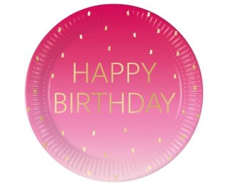 Talerz jednorazowy Pink Happy Birthday, Decorata papier śr. 230mm 8 szt Godan (96623)