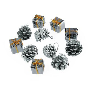 Ozdoba świąteczna prezenciki i szyszki 12szt. srebrne Arpex (BN6028SRE-7581)