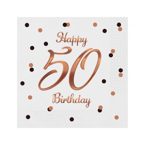 Serwetki Happy 50 Birthday, białe, nadruk różowo-złoty biały papier [mm:] 330x330 Godan (PG-S50B)
