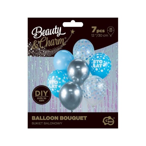Balon gumowy Bukiet balonowy URODZINOWY srebrno-niebieski 7 szt. niebieska 300mm 12cal Godan (BB-SNS7)