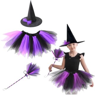 Kostium Czarownicy Kapelusz Spódniczka Miotła Przebranie Fioletowo-Czarna Lean (14292)