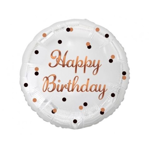 Balon foliowy Happy Birthday, biały, nadruk różowo-złoty 18cal Godan (FG-OHBB)