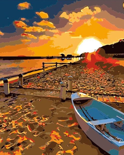 Zestaw kreatywny Malowanie po numerach 40x50cm Zachód słońca nad morzem, plaża z łodzią Flamingo Line (fys025)