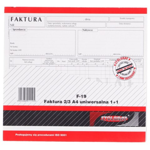 Druk samokopiujący 2/3 A4 faktura 2/3 A4 (1+1) uniwersalna 100k. Stolgraf (F19)