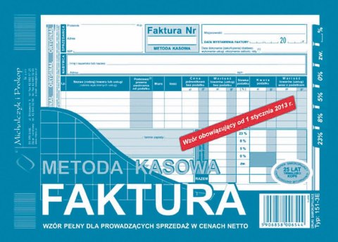 Druk samokopiujący A5 Faktura - metoda kasowa wzór pełny dla prowadzących sprzedaż w cenach netto 80k. Michalczyk i Prokop (151-
