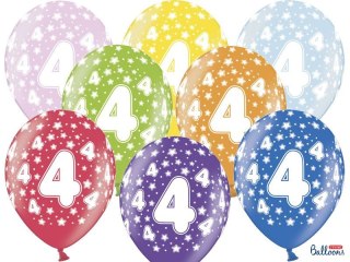 Balon gumowy gumowy 4 urodziny, mix kolorów 30 cm/6 sztuk mix 300mm Partydeco (SB14M-004-000-6)