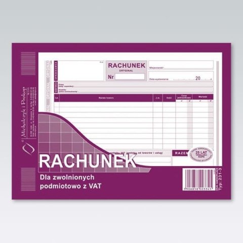 Druk offsetowy A5 Rachunek dla zwolnionych podmiotowo z VAT 80k. Michalczyk i Prokop (231-3)