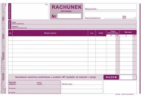 Druk offsetowy A5 Rachunek dla zwolnionych podmiotowo z VAT 80k. Michalczyk i Prokop (231-3)
