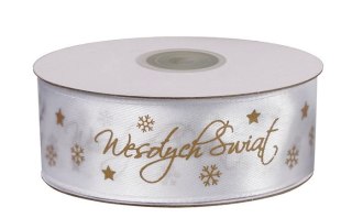 Wstążka Craft-Fun Series satynowa satynowa z nadrukiem Wesołych Świąt 25 biało-złoty Titanum (25/25YWHITE)