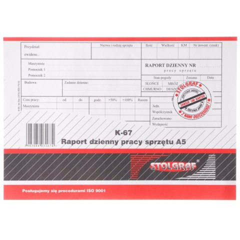 Druk offsetowy A5 Raport dzienny pracy sprzeętu A5/100 , k67 100k. Stolgraf (K67)