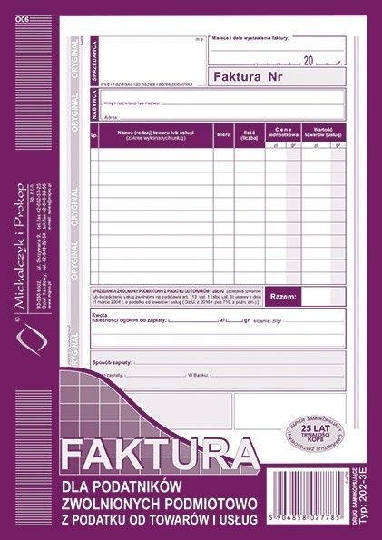 Druk offsetowy A5 Faktura dla podatników zwolnionych z podatku VAT 80k. Michalczyk i Prokop (202-3E)