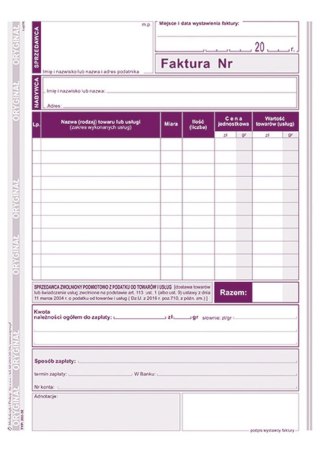 Druk offsetowy A5 Faktura dla podatników zwolnionych z podatku VAT 80k. Michalczyk i Prokop (202-3E)