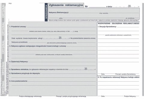 Druk samokopiujący A5 Zgłoszenie reklamacyjne 39k. Michalczyk i Prokop (601-3)