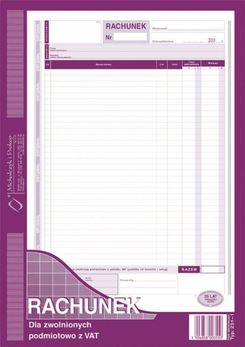 Druk samokopiujący A4 rachunek dla zwolnionych podmiotowo z VAT 80k. Michalczyk i Prokop (231-1)