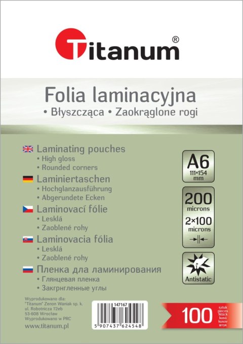 Folia do laminowania A6 przezroczysty 100mic. [mm:] 111x154 Titanum