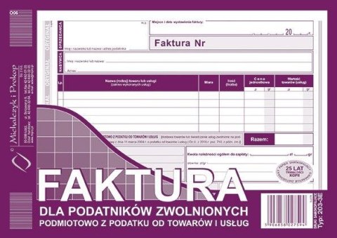 Druk offsetowy A5 Faktura dla podatników zwolnionych z podatku VAT 80k. Michalczyk i Prokop (203-3E)