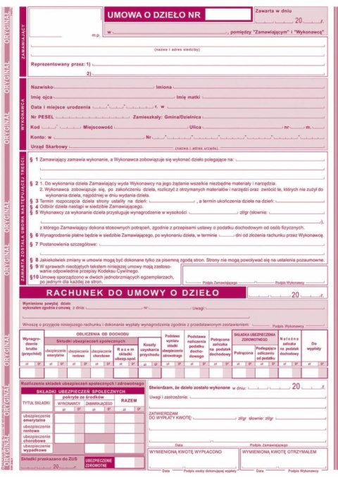 Druk offsetowy A4 Umowa o dzieło z rachunkiem A4 40k. Michalczyk i Prokop (510-1)