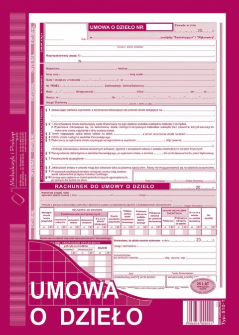 Druk offsetowy A4 Umowa o dzieło z rachunkiem A4 40k. Michalczyk i Prokop (510-1)