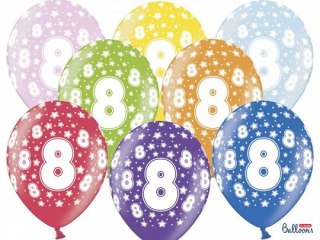 Balon gumowy gumowy 8 urodziny, mix kolorów 30 cm/6 sztuk mix 300mm Partydeco (SB14M-008-000-6)