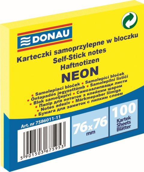 Notes samoprzylepny (karteczki) Neon żółty 100k [mm:] 76x76 Donau (7586011-11)