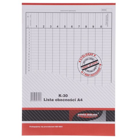 Druk offsetowy A4 lista obecności A4 100k. Stolgraf (K30)